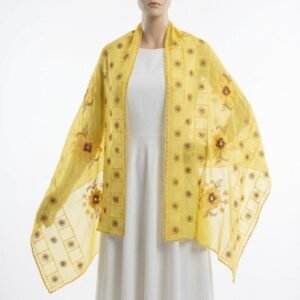 Chiffon Shawl – Grid Floral Spray with Stone Accent, Yellow