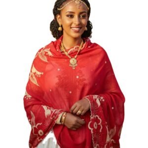 Swiss Voile Shawl – Lace Border and Floral, Red