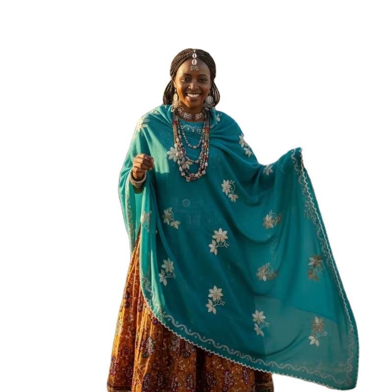 Swiss Voile Shawl – Floral with Scroll Border (view 3)