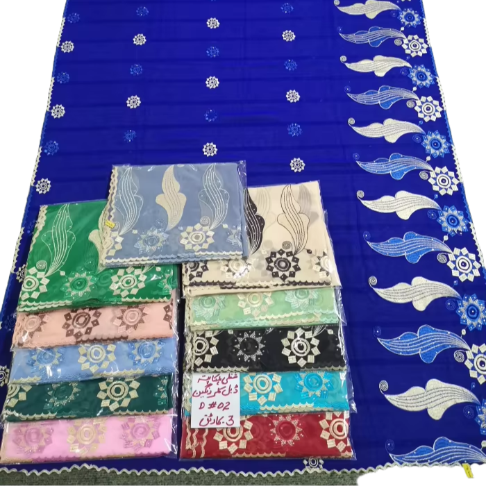African Chiffon Shawl with Floral Embroidery and Rhinestone