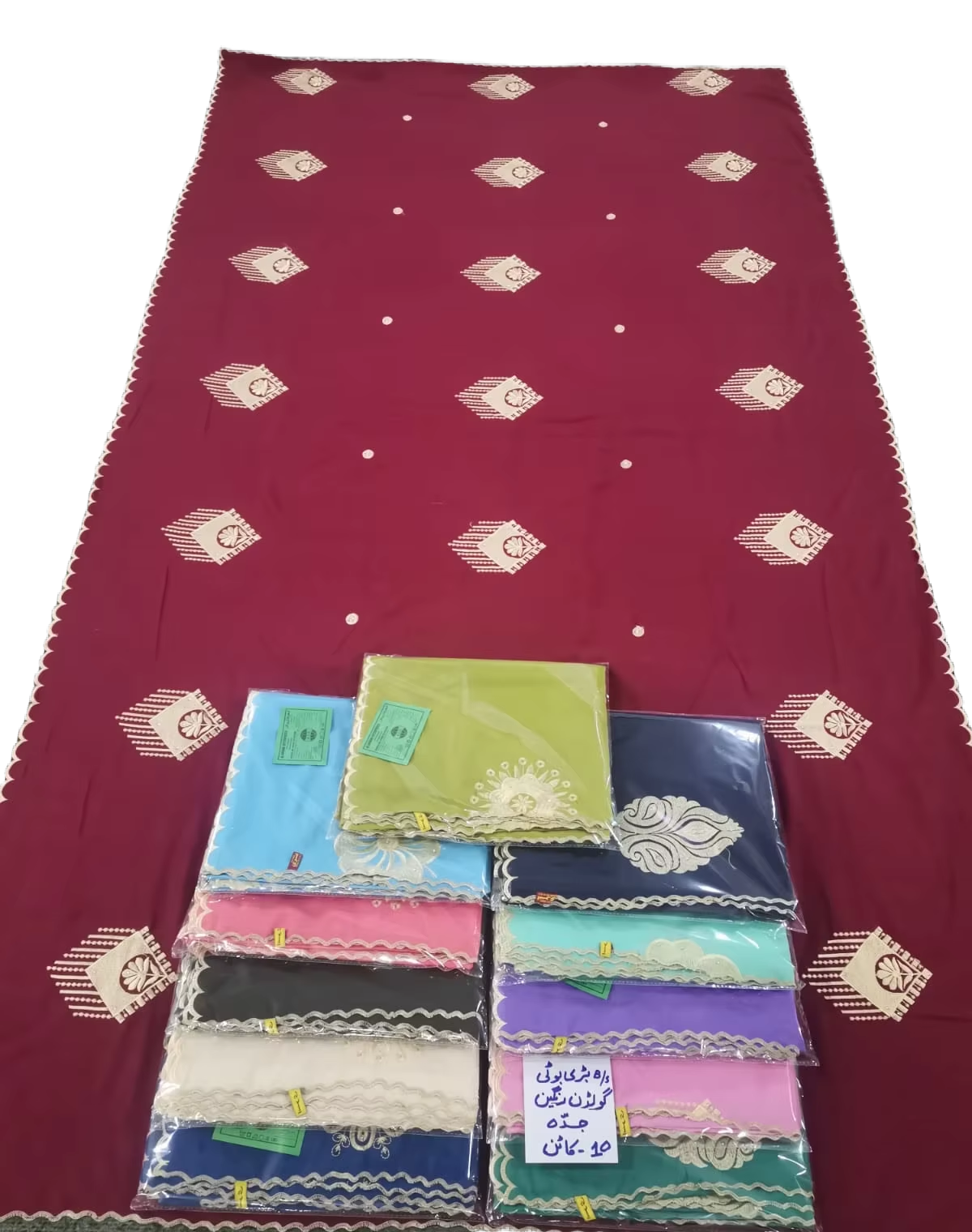 Swiss Voile Shawl – Diamond Shell Motif, Burgundy
