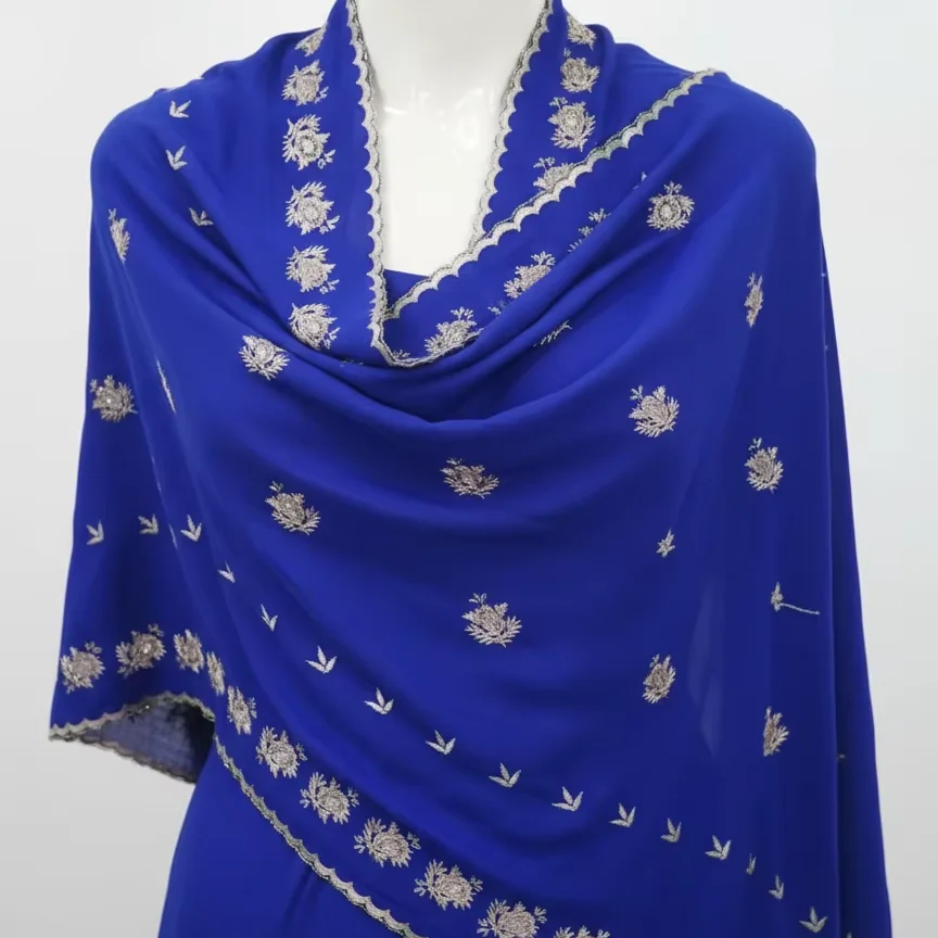 Chiffon Shawl – Floral Mesh with Stone Work, Big Size