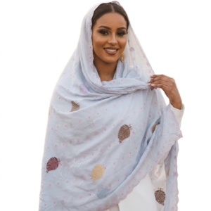 Swiss Voile Shawl – Multicolour Leaf Eyelet with Scalloped Border