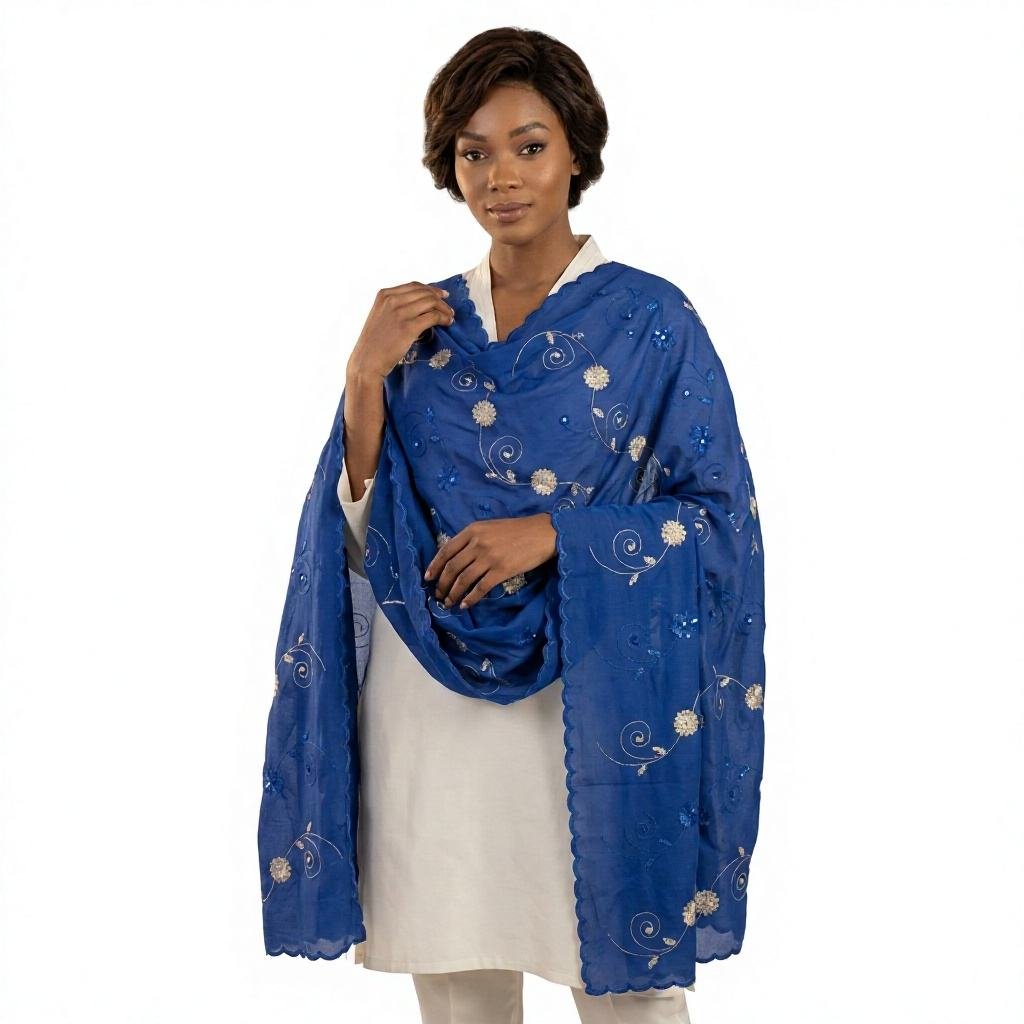 Swiss Voile Shawl – Scrolling Vine with Sequin Floral
