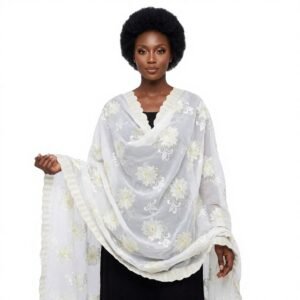 Swiss Voile Shawl – Floral with Scallop Edge, Chiffon Ground
