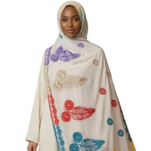 Chiffon Shawl – Multicolour Feather Floral with Fringe, White