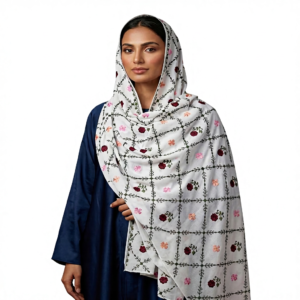 Swiss Voile Shawl – Diamond Lattice with Multicolour Rose