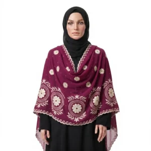 Chiffon Shawl – Teal Floral Medallion with Golden Embroidery
