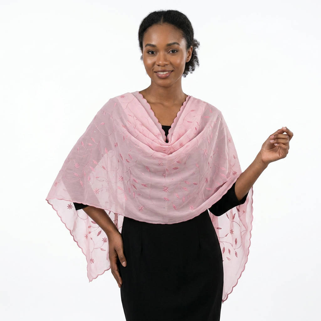 Swiss Voile Shawl – Floral with Sequin Scalloped Border