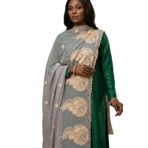 Chiffon Shawl – Floral with Gold Trim, Grey