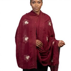 Swiss Voile Shawl – Floral Eyelet with Scalloped Edge, Gold