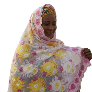 Chiffon Shawl – Leaf and Floral Branch with Lace Trim, Yellow