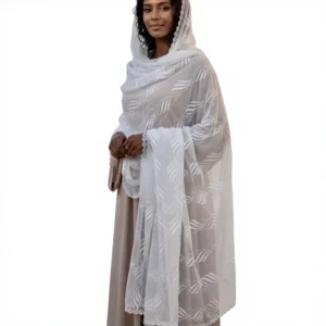Chiffon Shawl – Wave with Beaded Circle Border, White