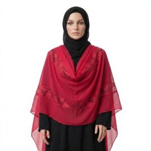 Chiffon Shawl – Inset Lace Panel with Beaded Corner, Red
