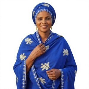 Swiss Voile Shawl – Blue Floral with Diamond Lattice Border