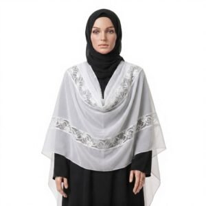 Chiffon Shawl – Inset Lace Panel with Beaded Trim