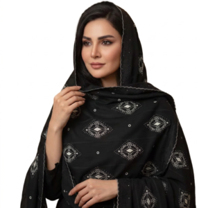 Swiss Voile Shawl – Black Floral with Scalloped Edge