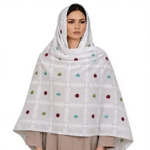 Swiss Voile Shawl – White Scroll with Contrast Floral Accent