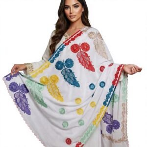 Swiss Voile Shawl – Multicolour Leaf Medallion with Scalloped Border