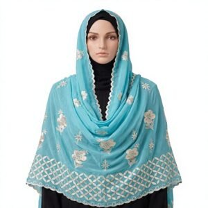 Swiss Voile Shawl – Golden Floral with Geometric Border