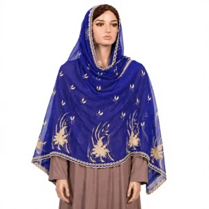Chiffon Shawl – Palm with Golden Scroll Border