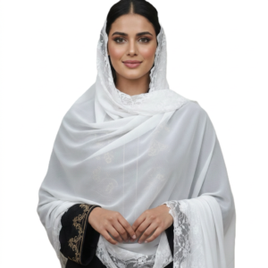 White Chiffon Hijab with Floral Rhinestone Embroidery