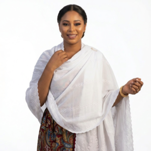 Swiss Voile Shawl – Striped with Scalloped Edge