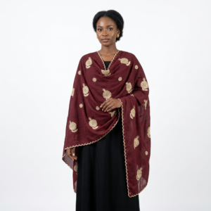 Swiss Voile Shawl – Burgundy Floral with Scalloped Edge