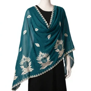 Chiffon Shawl – Floral with Stone Work, Golden Thread