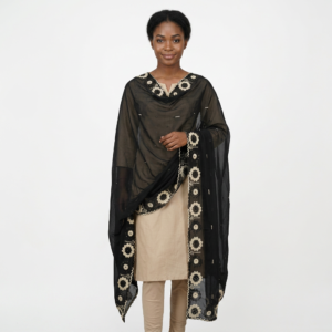 Chiffon Shawl – Cream Starburst Border with Stone Accent, Black