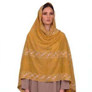 Swiss Voile Shawl – Mustard Floral Cutwork with Diamond Lattice