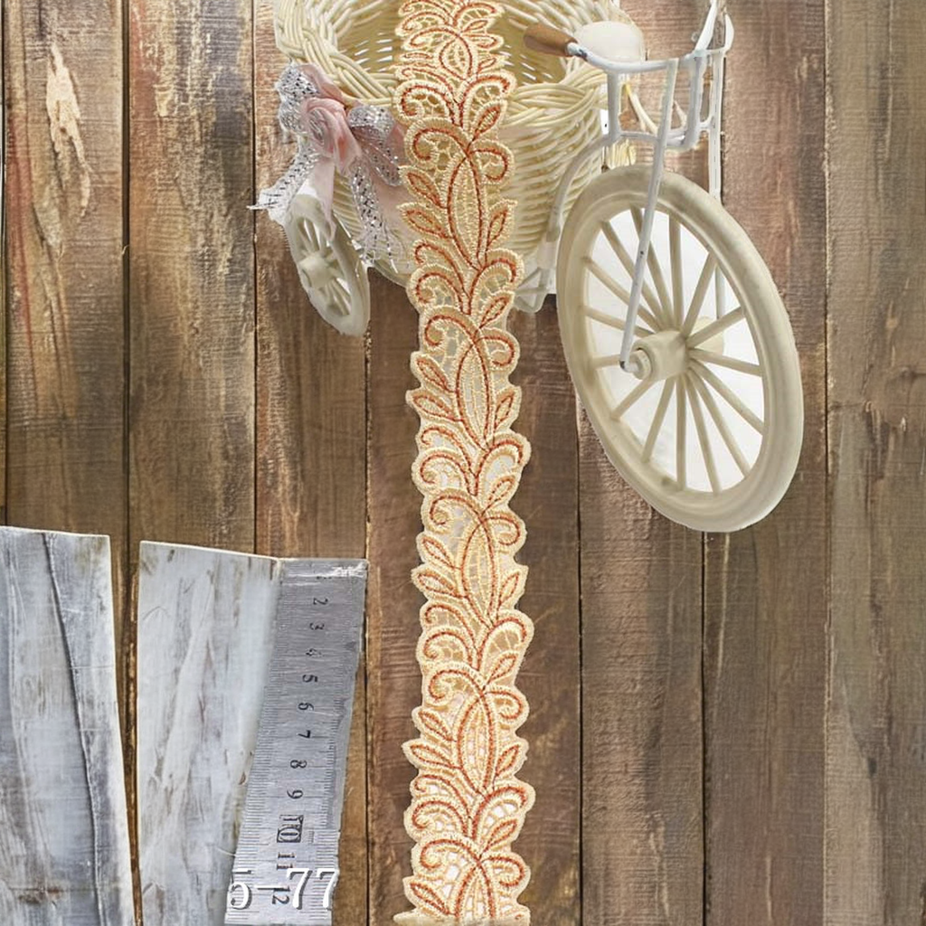 Guipure Lace Trim 4cm – Scrolling Leaf in Cream and Rust (view 2)