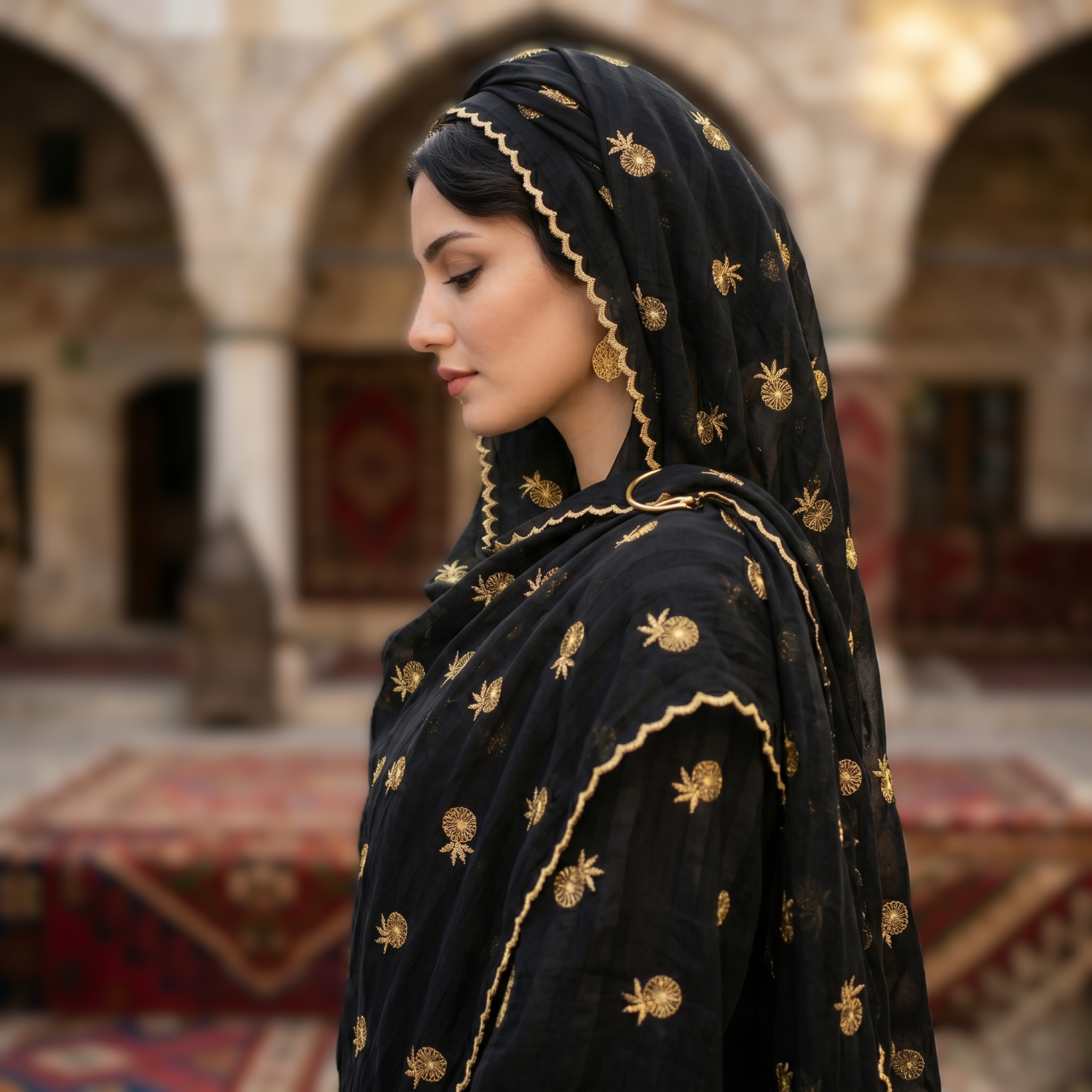 Chiffon Shawl – Black Pineapple Pattern (view 4)
