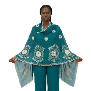 Chiffon Shawl – Green Floral with Scalloped Edge