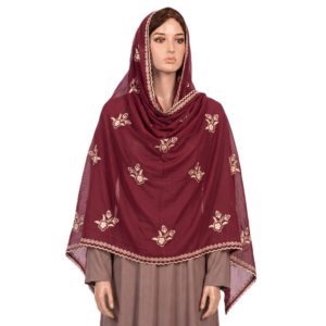 Swiss Voile Shawl – Golden Floral with Scroll Border