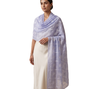 Swiss Voile Shawl – Windowpane Grid and Leaf Motif, White
