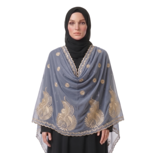 Chiffon Shawl – Gold Paisley Border with Stone Accent, Grey