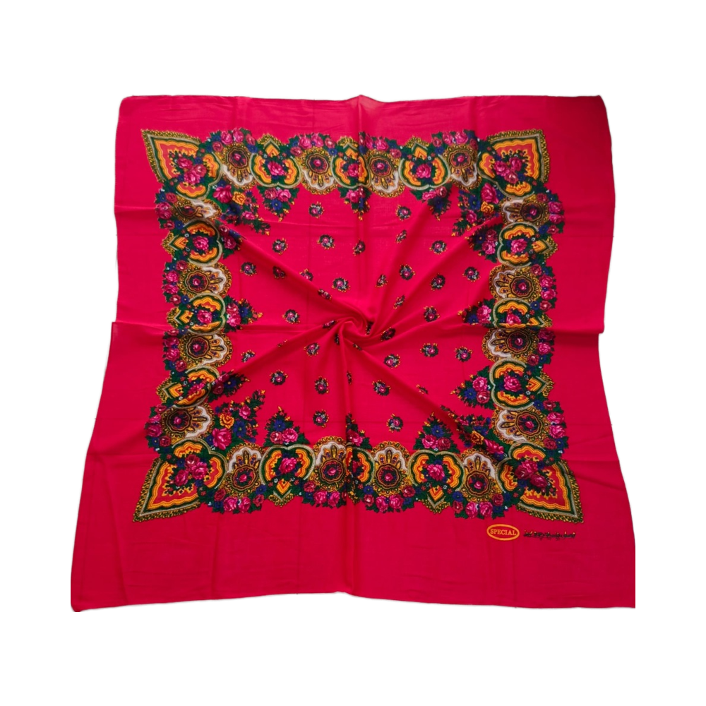 Floral Border Screen-Printed Square Scarf, 125 cm