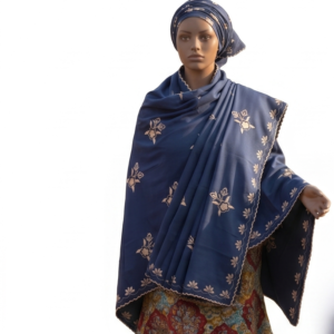 Swiss Voile Shawl – Navy Floral with Scalloped Border