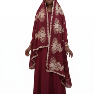Swiss Voile Shawl – Floral Scroll Border, Maroon