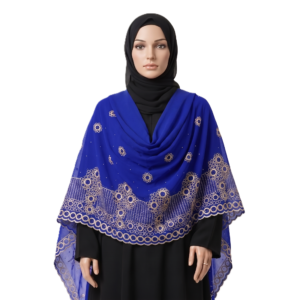 Chiffon Shawl – Cutwork Ring Border with Stone Accent, Blue