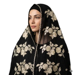 Chiffon Shawl – Stone Work with Lace Trim, Golden Embroidery