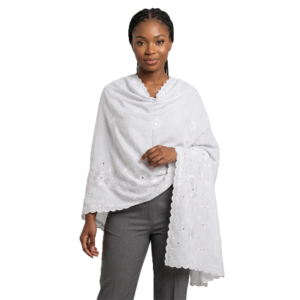 Swiss Voile Shawl – White Floral with Scalloped Edge