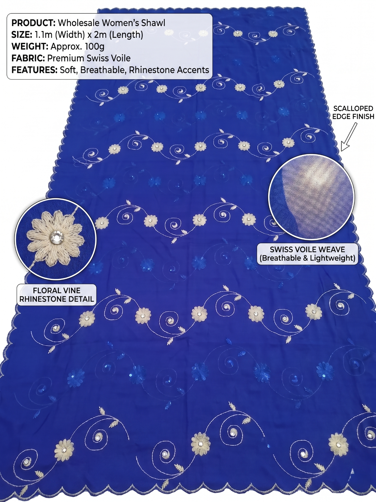 Swiss Voile Shawl – Scrolling Vine with Sequin Floral (view 2)
