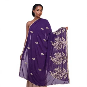 Embroidered Chiffon Shawl - Gold Leafy Tree Motif