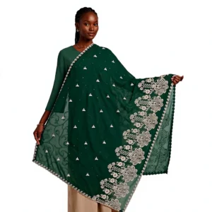 Embroidered Chiffon Shawl - Gold Shell Fan Lace Border