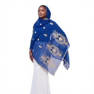 Embroidered Chiffon Shawl - Gold Geometric Panel Rosette