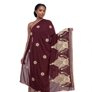 Embroidered Chiffon Shawl - Gold Palmette Fan Wheel Rosette