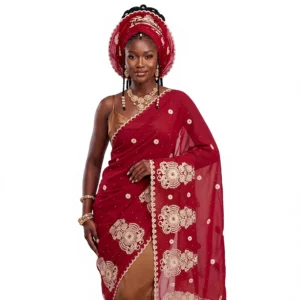 Embroidered Chiffon Shawl - Gold Medallion Flower Scroll Ring