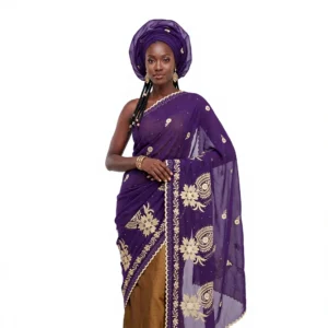 Embroidered Chiffon Shawl - Gold Paisley Blossom Flower
